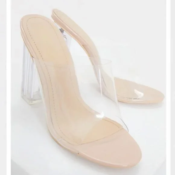 !! RESTOCKED !! Transparent Peep Toe Block Mule Heels in Nude - Picture 5 of 10